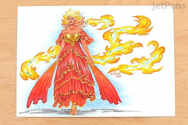 Illustration of a woman in an elaborate flowing dress with fiery, flame-like elements surrounding her, suggesting a theme of fire or heat. The drawing is detailed with vibrant shading and highlights.