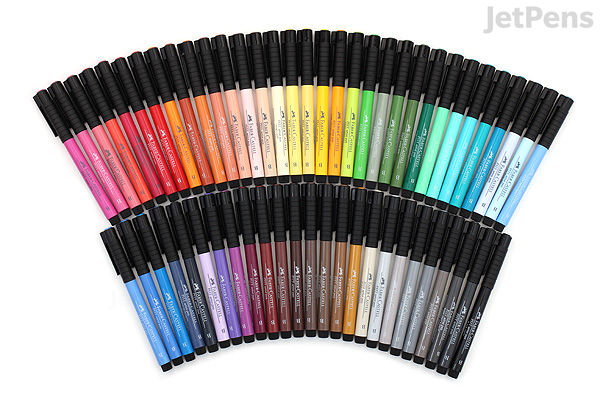 A set of Faber-Castell PITT Artist Pens arranged in two curved rows, showcasing a wide range of colors from reds, oranges, yellows, greens, blues, purples, browns, grays, to black, each pen with a black cap and colored body matching the ink color.