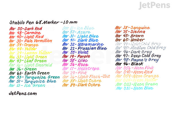 stabilo pen 68 marker 1 0 mm 46 color bundle jetpens stabilo pen 68 colour chart
