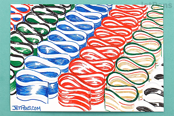 Abstract artwork featuring rows of interconnected, ribbon-like loops in green, blue, red, and black ink on a white background, created with broad, flowing strokes.