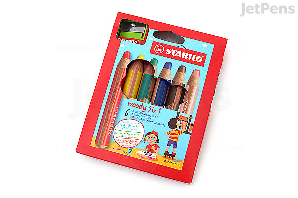 STABILO Woody 3-in-1 Set of 6 Pastel Colors w/Sharpener