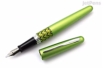 A green marble-patterned Pilot Metropolitan Retro Pop fountain pen with a medium italic nib, shown uncapped with the cap placed beside the pen.