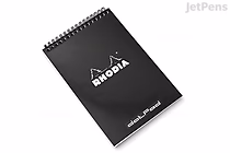 A black wirebound Rhodia DotPad notepad, size A5, featuring a dot grid pattern on the pages. The cover displays the Rhodia logo in white.