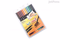 Set of 12 Marvy Le Plume II double-sided watercolor markers in a clear plastic case, featuring a variety of colors with fine and brush tips, labeled as the Victorian color set.