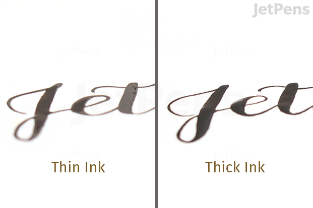 Thin inks sink into paper quickly, while thick inks sit on top of the surface.