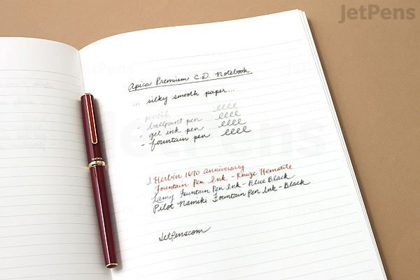 Open notebook with lined pages and handwritten notes in black and red ink, accompanied by a maroon and gold pen resting on the left page. The notebook is identified as an Apica Premium C.D. Notebook, A5 size with 5 mm graph ruling.