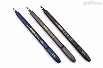 Three Zebra Disposable Brush Pens arranged side by side, in blue, gray, and black colors, each with a fine brush tip and gold lettering on the barrel.
