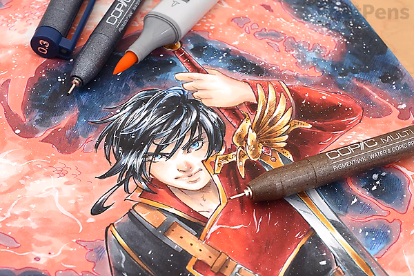 Close-up of a detailed anime-style drawing featuring a character with black hair and a red outfit, surrounded by Copic Multiliner pens in various sizes, including a 0.03 mm black pen, on a colorful, cosmic-themed background.