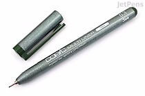 A Copic Multiliner pen with a 0.3 mm tip in olive color, shown with its cap removed and placed beside it. The pen body is metallic gray with white text indicating the brand and specifications.