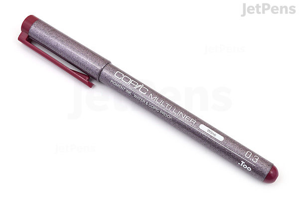 A Copic Multiliner pen with a 0.3 mm tip in wine color, shown with the cap on and the pen lying horizontally on a white background.