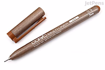 A Copic Multiliner pen with a 0.3 mm tip in sepia color, shown uncapped with the cap placed beside it. The pen body is brown with white text indicating the brand and specifications.