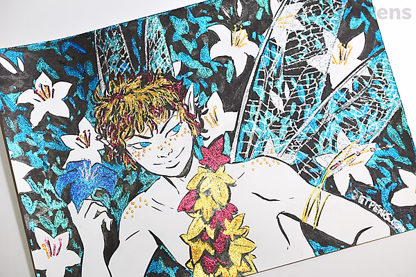 Illustration of a shirtless person with short hair, surrounded by colorful flowers and intricate blue and black patterns, created using metallic gel pens.