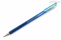 A Pentel Hybrid Dual Metallic Gel Pen with a 1.0 mm tip, featuring a blue barrel and metallic green accents. The pen has a clear grip section and a silver clip.