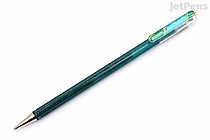 A Pentel Hybrid Dual Metallic Gel Pen with a 1.0 mm tip, featuring a green barrel and metallic blue accents.