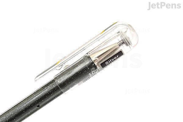 Close-up image of a Pentel Hybrid Dual Metallic Gel Pen with a 1.0 mm tip in silver color, featuring a clear plastic cap and a black barrel with metallic accents.