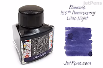 Bottle of Diamine Lilac Night ink for the 150th Anniversary edition, shown with a swatch of the deep purple ink on a white background.