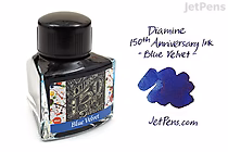 Bottle of Diamine Blue Velvet ink for the 150th anniversary edition, containing 40 ml. The label features decorative floral patterns and the ink color is shown as a rich blue swatch beside the bottle.