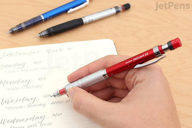 The Zebra DelGuard's dynamic lead sleeve lets you write with exposed lead.