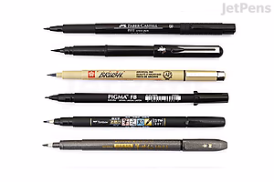Four different black waterproof brush pens arranged horizontally on a white background. The pens vary in design and brand, with visible labels and caps, showcasing a sampler set for drawing or calligraphy.