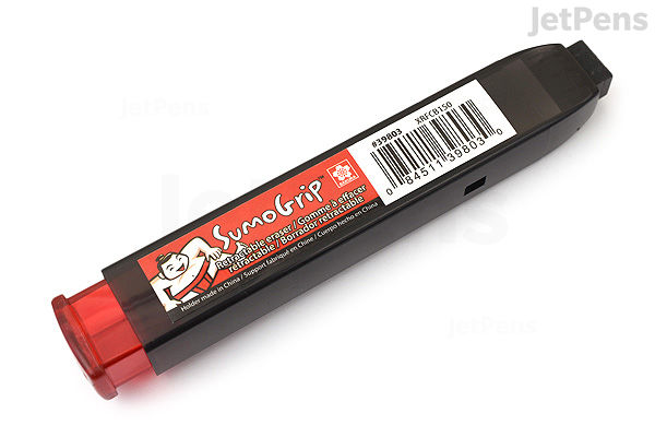A Sakura Sumo Grip retractable eraser in a black and red plastic casing with a sumo wrestler illustration on the label. The eraser is partially extended from the top.