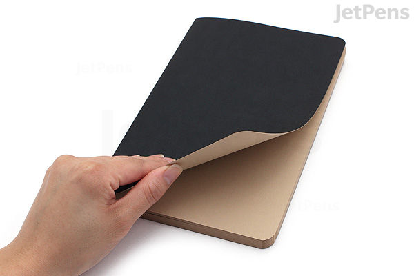 A hand lifting the black softcover of a Stillman & Birn Nova Sketchbook, revealing beige pages inside. The sketchbook measures 5.5 by 8.5 inches.
