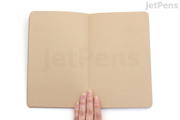 Open Stillman & Birn Nova Sketchbook with beige softcover, showing two blank cream-colored pages, held flat by a hand at the bottom center.