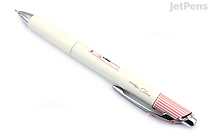 A Pentel EnerGel Clena gel pen with a 0.4 mm tip, featuring black ink and a classical pink body with a white grip section and a silver clip.