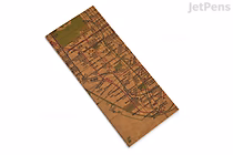 A slim, rectangular notebook with a brown cover featuring a detailed map of the New York City metro system printed in black lines and text. The notebook measures approximately 3.6 by 8.3 inches and has a plain, unlined interior.