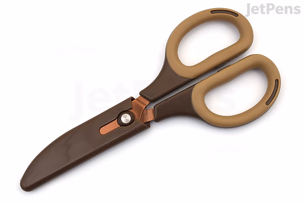 A pair of Nakabayashi Sakutto Cut Hikigiri scissors with a mocha-colored titanium-coated blade and beige handles, featuring a rounded tip and ergonomic design.