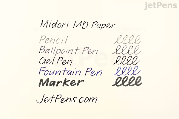 Handwritten ink samples on Midori MD paper showing different pen types: pencil, ballpoint pen, gel pen, fountain pen, and marker, demonstrating their line quality and appearance.