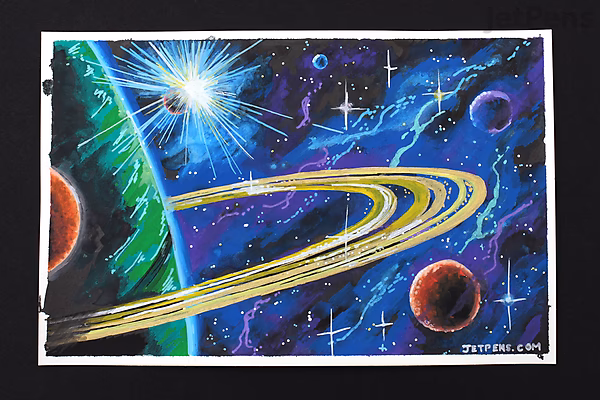 A vibrant space-themed painting featuring a bright starburst, a large green planet with rings, and several smaller planets against a deep blue starry background. The artwork showcases fine metallic details and vivid colors.