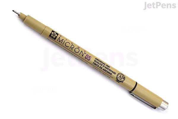 A Sakura Pigma Micron pen, size 05 (0.45 mm tip), in black ink with a beige barrel and black text.