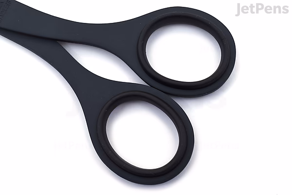Close-up image of the black handle of Allex S-165F office scissors with a fluorine coating, showing two finger holes and part of the blades.