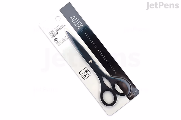 Image of Allex S-165F office scissors with black handles and a fluorine-coated blade, displayed in clear plastic packaging on a white background.