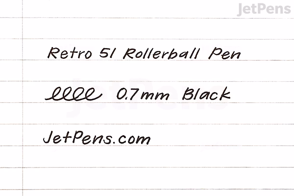 Handwritten text on lined paper demonstrating the writing of a Retro 51 Royale Rollerball Pen with 0.7 mm black ink, including sample loops and the words "Retro 51 Rollerball Pen," "0.7 mm Black," and "JetPens.com."