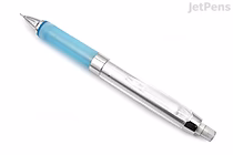 Mechanical pencil with a silver body and a light blue grip section, featuring a 0.5 mm lead tip.