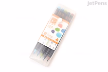 A clear plastic case containing five Akashiya Sai Watercolor Brush Pens in summer colors, including shades of orange, yellow, green, blue, and purple, arranged in a row. The packaging features a white label with colorful circles and product information.