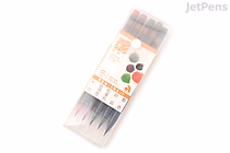 A set of five Akashiya Sai Watercolor Brush Pens in winter colors, neatly arranged in a clear plastic package with a white and orange label. The pen tips are visible at the bottom, showing a range of muted, cool-toned colors.