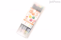 Set of five Akashiya Sai Watercolor Brush Pens in a clear plastic case, featuring vibrant colors and labeled with Japanese text and color swatches on the packaging.