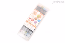 A set of five Akashiya Sai Watercolor Brush Pens in Omomuki colors, displayed in a clear plastic package with a white label featuring colorful brush stroke samples.