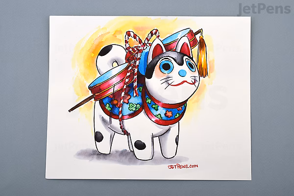 Illustration of a white cat with black spots wearing a colorful traditional Japanese festival costume, including a red and blue patterned cloth and a headband, with a yellow circular background.
