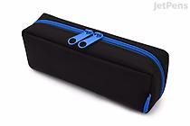 Black rectangular pencil case with a blue zipper and dual zipper pulls, designed for holding pens and small stationery items.