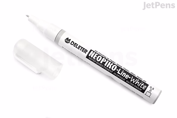 A Deleter Neopiko Line White Drawing Pen with a 0.5 mm tip, shown with its clear cap removed and placed beside it on a white background.
