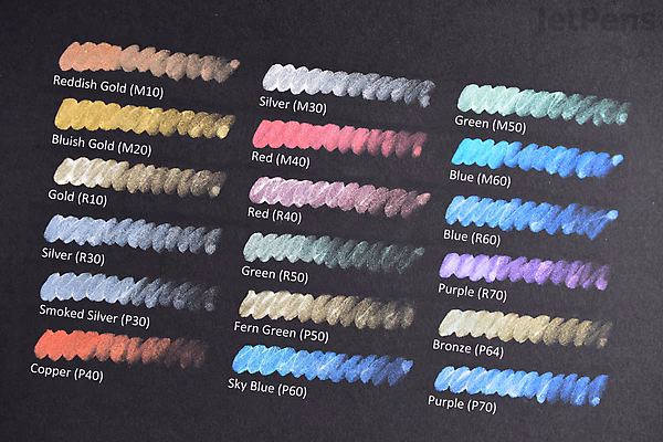 Boku-Undo Gansai Watercolor Palette Metallic 6-color set swatches on black paper, showcasing shimmering shades including reddish gold, blush gold, copper pink, silver, gold, and various metallic blues and purples.