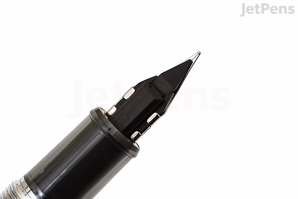 Close-up image of the fine nib and grip section of a Platinum Procyon fountain pen in persimmon orange color.