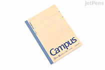 A KOKUYO Campus Notebook with a beige cover and blue spine, labeled "Campus" in large blue letters. The notebook is A5 size, has 6 mm ruled lines, and contains 30 sheets.