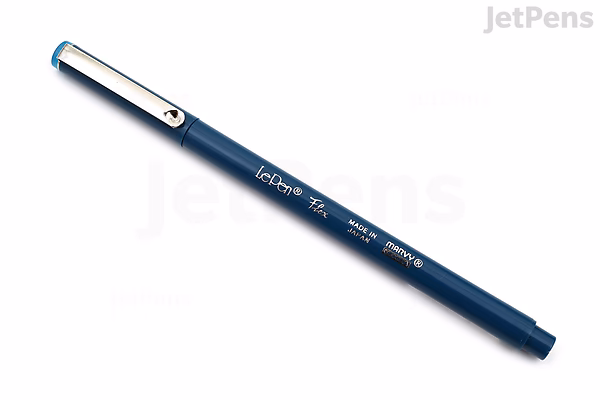 A slim, dark blue Marvy Le Pen Flex Brush Pen labeled "Oriental Blue" with a white cap and a clip.