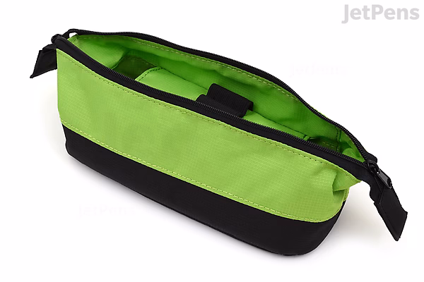 A black and bright green pen case shaped like a small boat, with a zipper along the top and a black strap on one end.