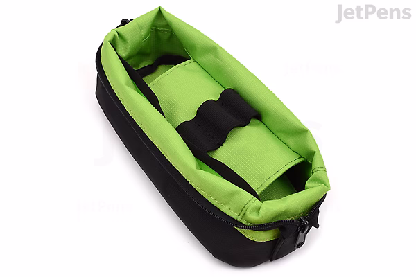 Black and bright green pen case shaped like a small boat, with elastic loops inside for holding pens securely.