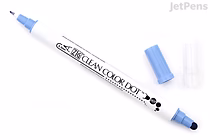 A Kuretake ZIG Clean Color Dot double-sided marker in the color Splash, shown with its blue caps removed and placed beside each end. One tip is a brush tip, and the other is a round dot tip. The marker is white with black text and black dot graphics.